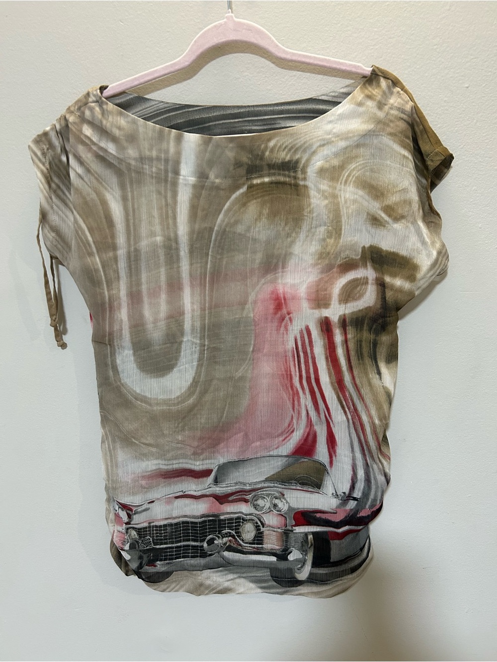 Women's Abstract Vintage Car Print Blouse in Beige and Pink 0308
